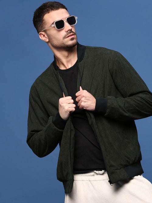 Men Solid Olive Bomber Jacket-SSLI-818-5-Olive