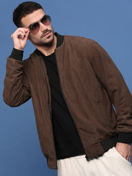 Men Solid Brown Bomber Jacket-SSLI-818-6-Brown