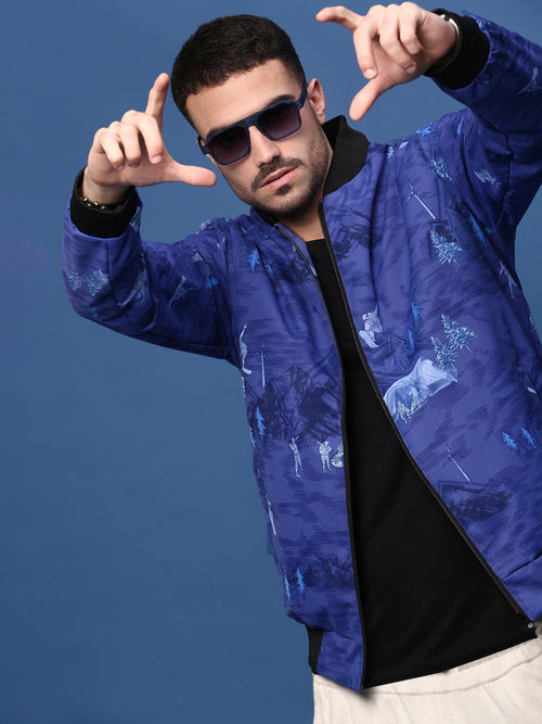 Men Graphic Blue Bomber Jacket-SSLI-818-7-Blue