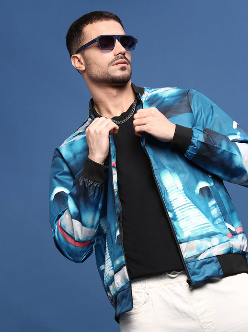 Men Abstract Blue Bomber Jacket-SSLI-818-9-Blue