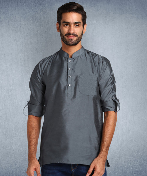 Hangup Men Standard Solid Men's Indian Wear-DarkGrey_Dupion_Patch_Short2Kurta