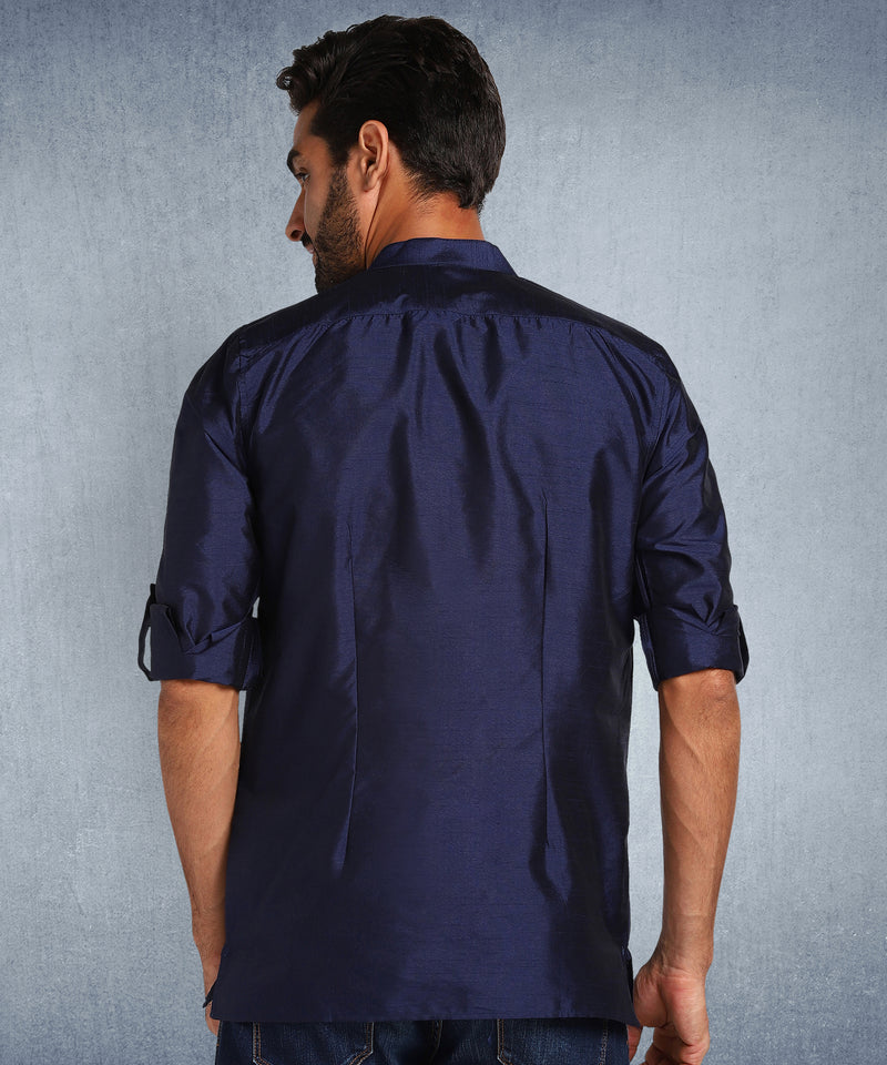 Hangup Men Standard Solid Men's Indian Wear-Navy_Dupion_Patch_Short2Kurta