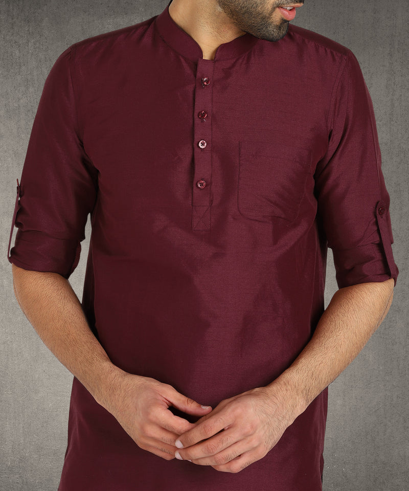 Hangup Men Standard Solid Men's Indian Wear-Maroon_Dupion_Patch_Short2Kurta