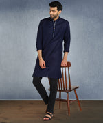 Hangup Men Standard Solid Men's Indian Wear-Navy_Piping_RubyL2Kurta