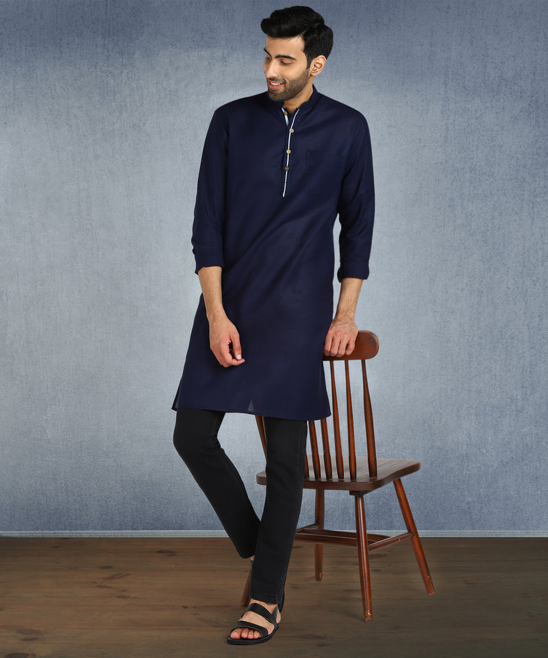 Hangup Men Standard Solid Men's Indian Wear-Navy_Piping_RubyL2Kurta