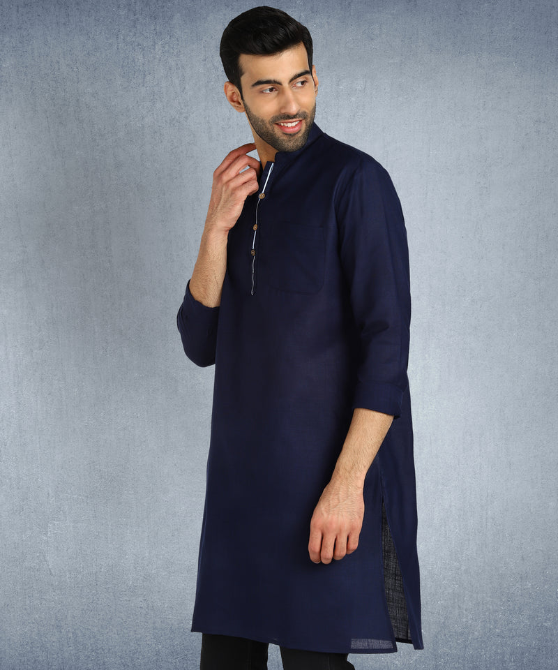 Hangup Men Standard Solid Men's Indian Wear-Navy_Piping_RubyL2Kurta