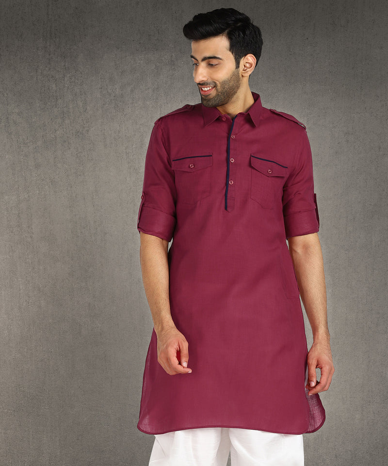 Hangup Men Standard Solid Men's Indian Wear-Mrn_Piping_Pathani2Kurta