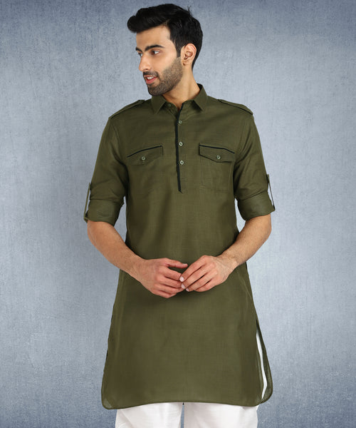 Hangup Men Standard Solid Men's Indian Wear-ST09922_Olv_PathaniKurta