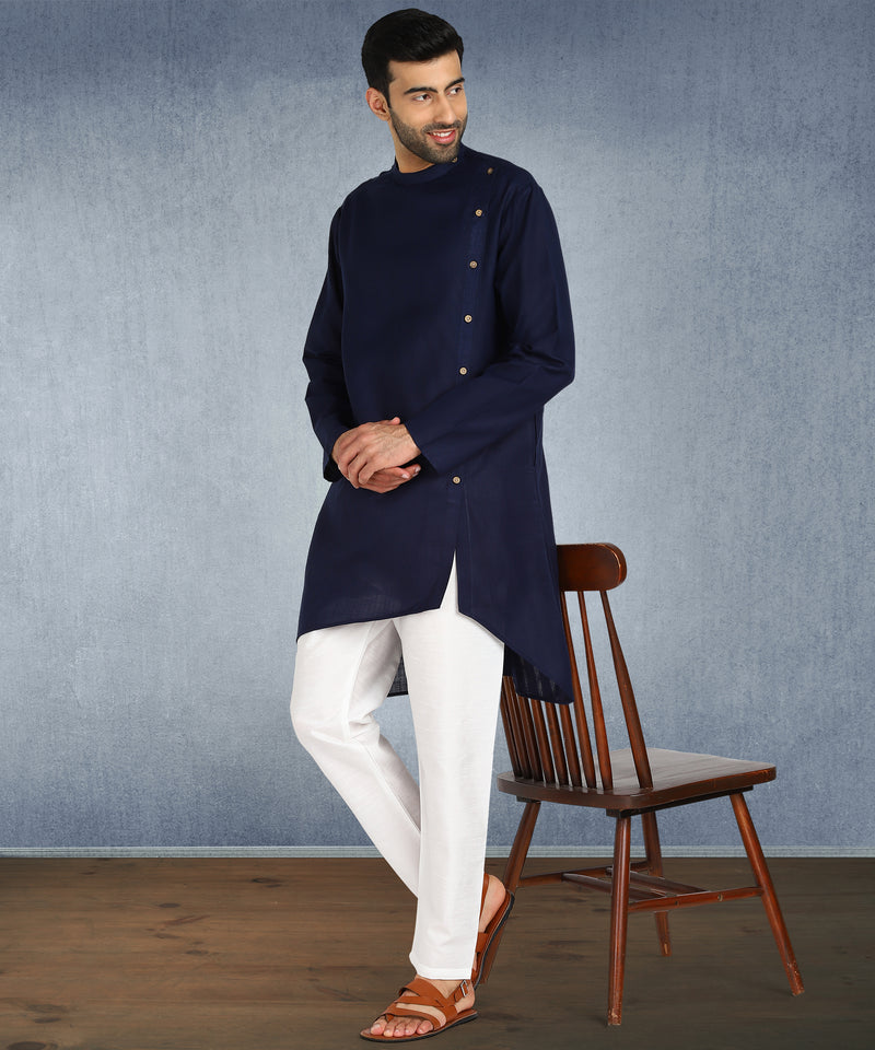 Hangup Men Standard Solid Men's Indian Wear-Navy_Aline_Ruby_Long2Kurta