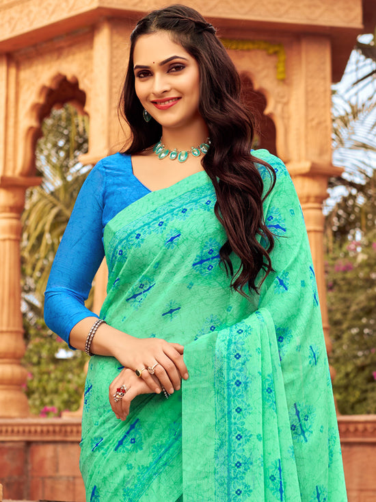 Saree Mall Women's Chiffon Sea Green Printed Designer Saree With Blouse Piece-STARCFN31201B