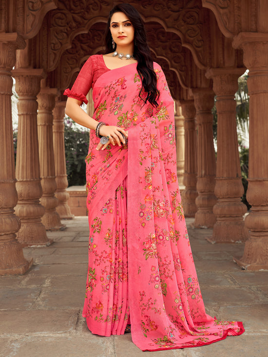 Saree Mall Women's Chiffon Pink Printed Designer Saree With Blouse Piece-STARCFN31501A