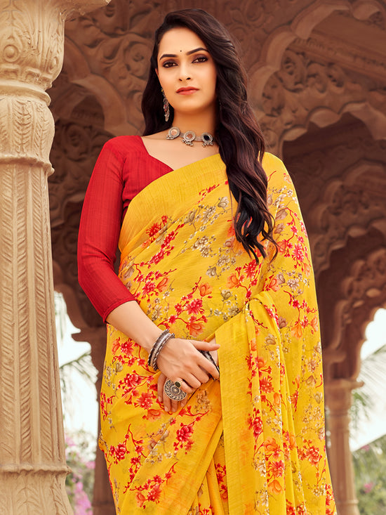 Saree Mall Women's Chiffon Yellow Printed Designer Saree With Blouse Piece-STARCFN31503A