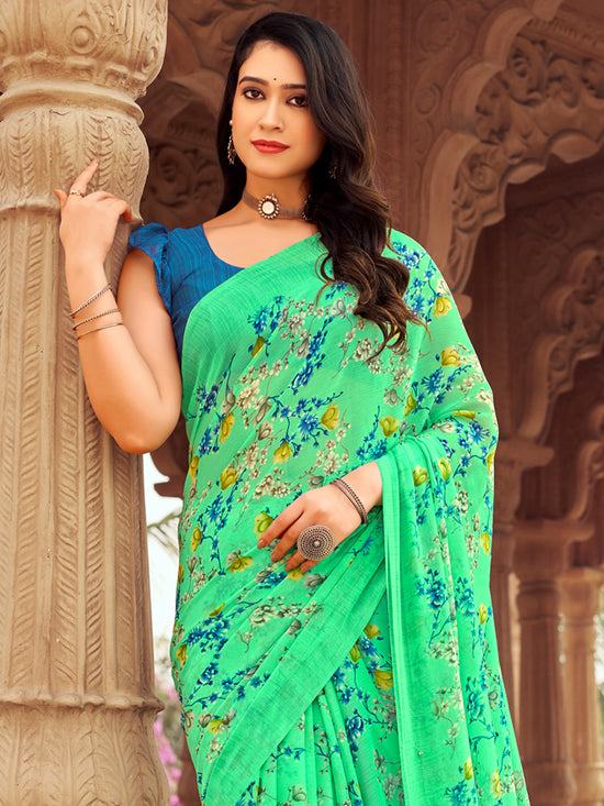 Saree Mall Women's Chiffon Sea Green Printed Designer Saree With Blouse Piece-STARCFN31503B