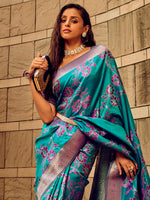 Saree Mall Women's Satin  Teal Blue Woven Design Designer Saree With Blouse Piece-STBRASO1604