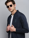 Men Mandarin Collar Solid Navy Blue Open Front Jacket-STCW-J-8-Navyblue