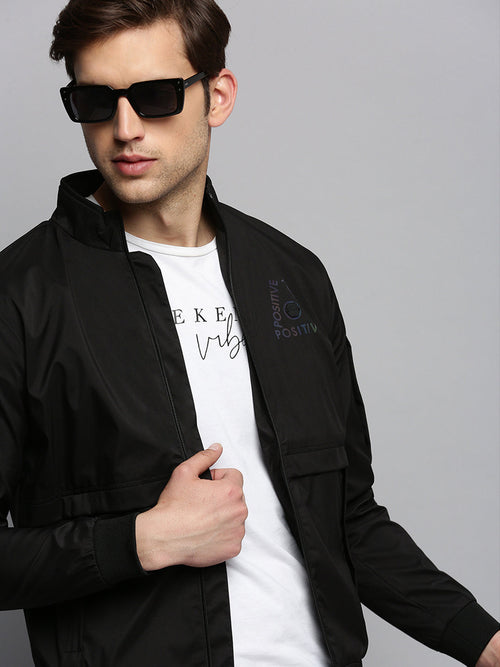 Men Mock Collar Solid Black Open Front Jacket-STCW-J-9-Black