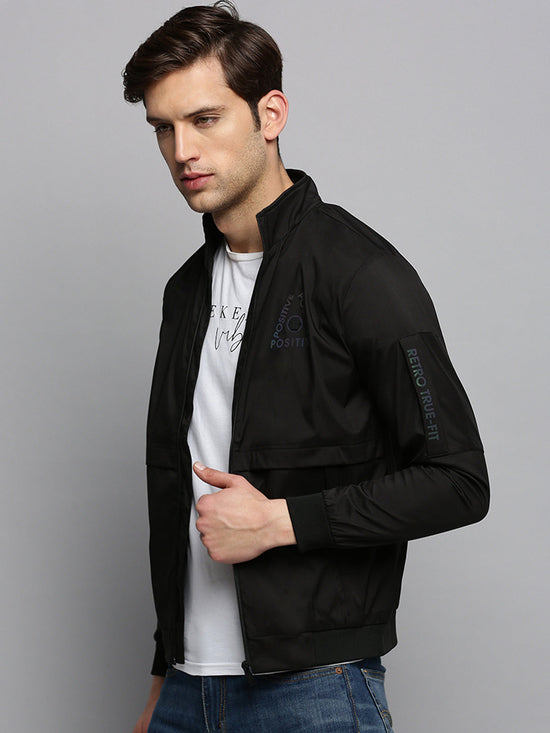 Men Mock Collar Solid Black Open Front Jacket-STCW-J-9-Black