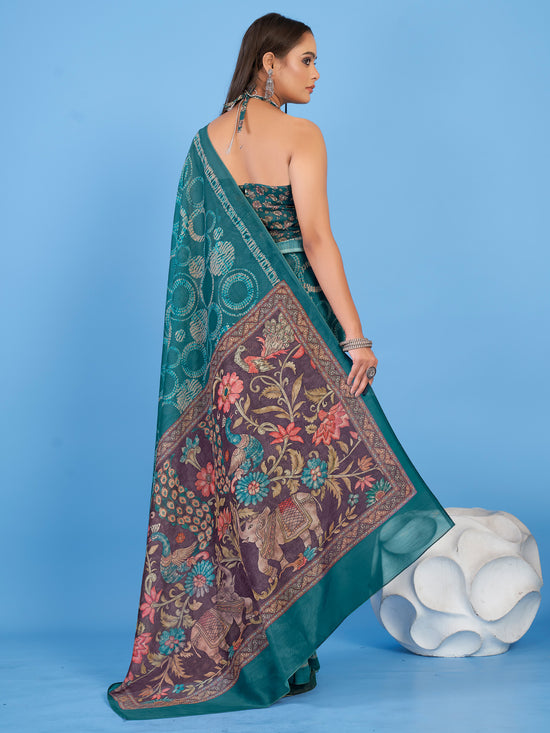 Saree Mall Women's Linen Blend Teal Blue Printed Designer Saree With Blouse Piece-SUMER102