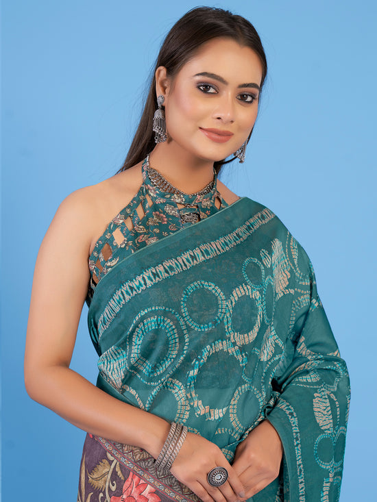 Saree Mall Women's Linen Blend Teal Blue Printed Designer Saree With Blouse Piece-SUMER102