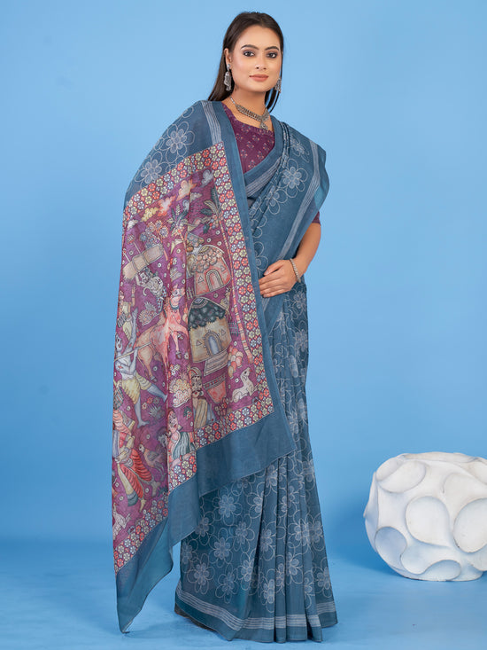 Saree Mall Women's Linen Blend Teal Blue Printed Designer Saree With Blouse Piece-SUMER103