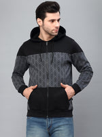 Rigo Dark Grey Hooded Printed Fleece Jacket