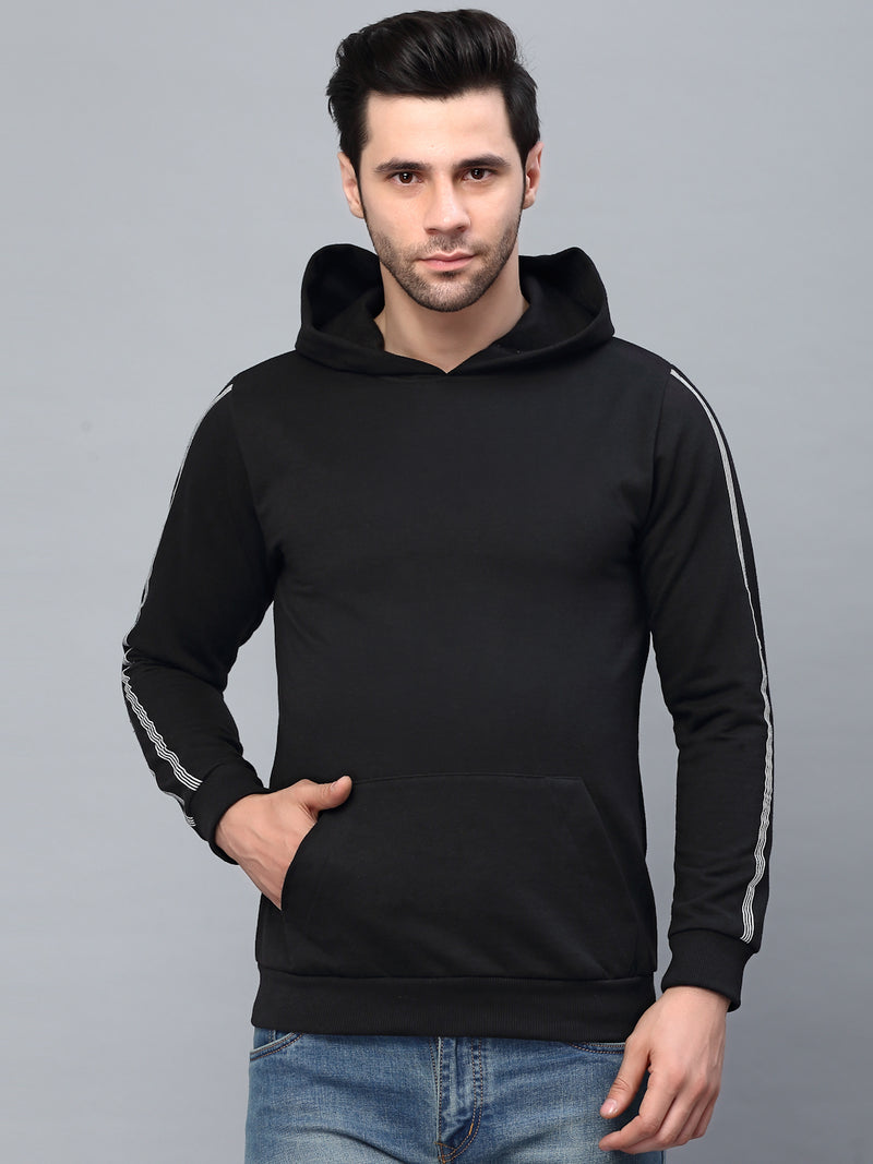 Rigo Black Fleece With Stripe Tape Patch On Sleeve Hooded Sweatshirt-Full