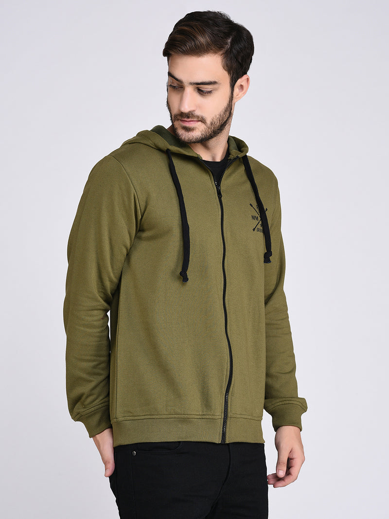 Rigo Olive Green Fleece Hooded With Front Zip Open Sweatshirt-Full