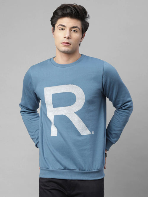 Rigo Blue Printed Round Neck Full Sleeve Fleece Sweatshirt