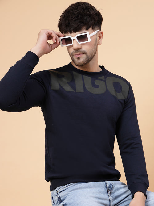 Rigo Navy Printed Round Neck Fleece Sweatshirt