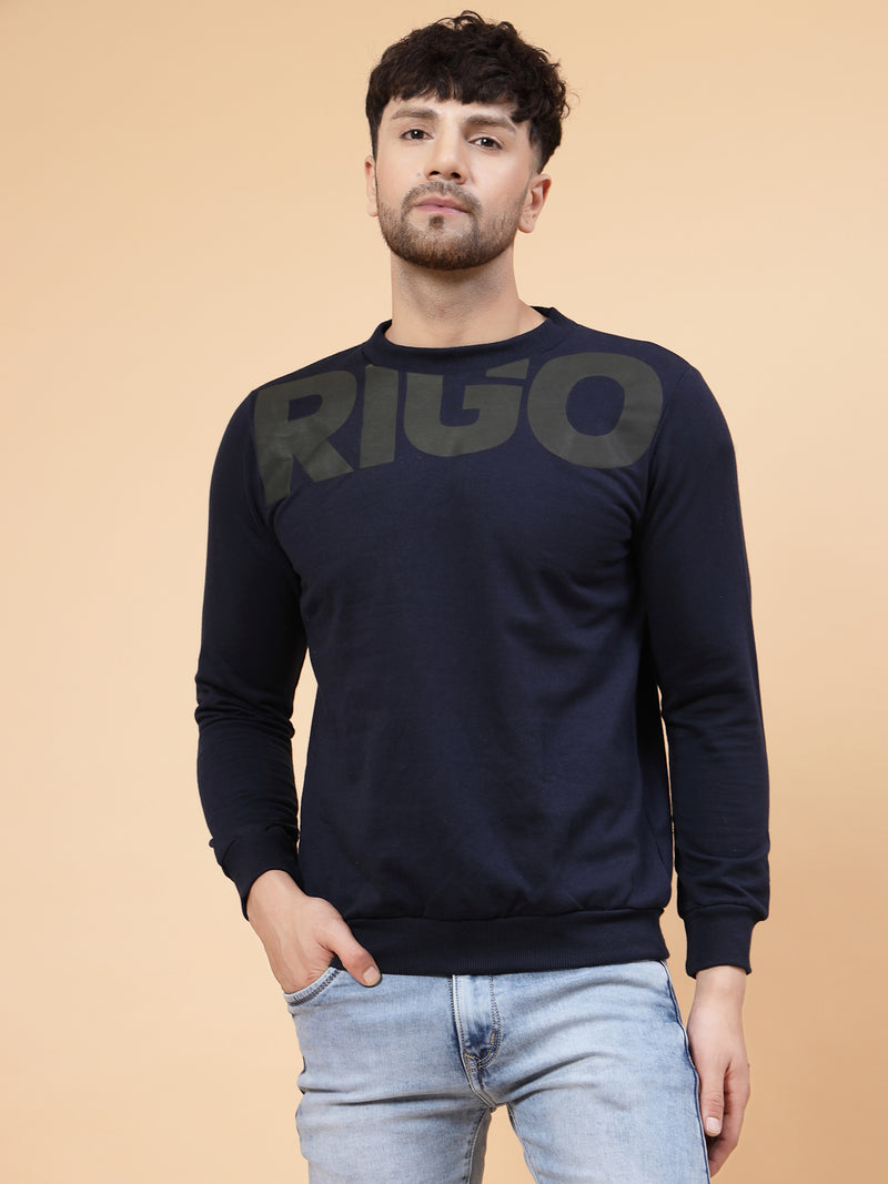 Rigo Navy Printed Round Neck Fleece Sweatshirt