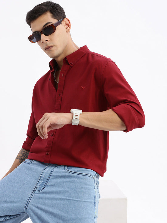 Men Spread Collar Solid Slim Fit Maroon Shirt-Sam-2777-Maroon