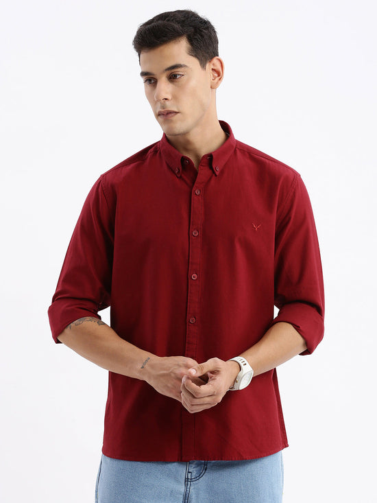 Men Spread Collar Solid Slim Fit Maroon Shirt-Sam-2777-Maroon