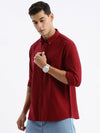 Men Spread Collar Solid Slim Fit Maroon Shirt-Sam-2777-Maroon