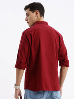 Men Spread Collar Solid Slim Fit Maroon Shirt-Sam-2777-Maroon