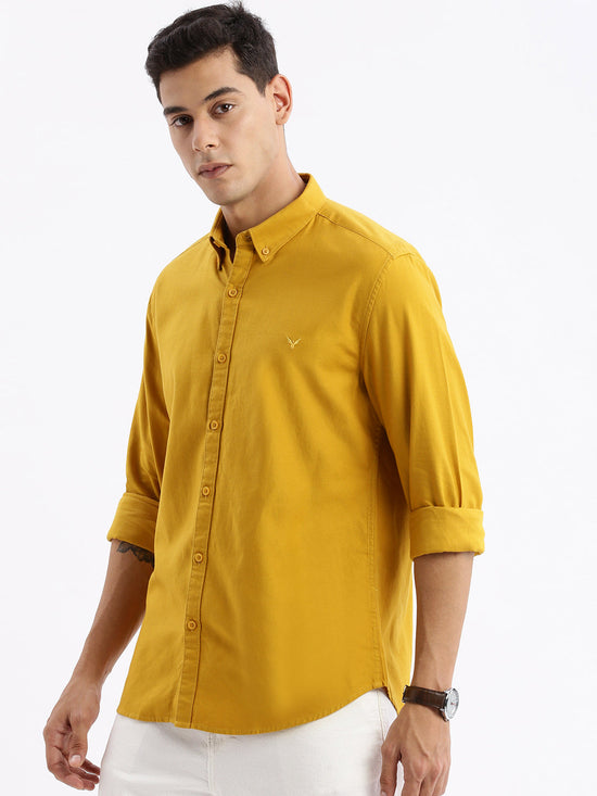 Men Spread Collar Solid Slim Fit Mustard Shirt-Sam-2788-Mustard