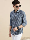 Men Spread Collar Printed Blue Shirt-Samprinteddenim-5181-Blue