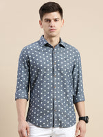 Men Spread Collar Printed Blue Shirt-Samprinteddenim-5181-Blue