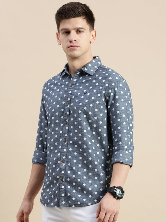 Men Spread Collar Printed Blue Shirt-Samprinteddenim-5181-Blue