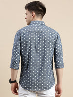 Men Spread Collar Printed Blue Shirt-Samprinteddenim-5181-Blue