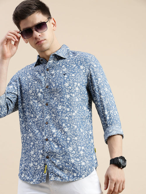 Men Spread Collar Printed Blue Shirt-Samprinteddenim-5182-Blue