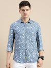 Men Spread Collar Printed Blue Shirt-Samprinteddenim-5182-Blue