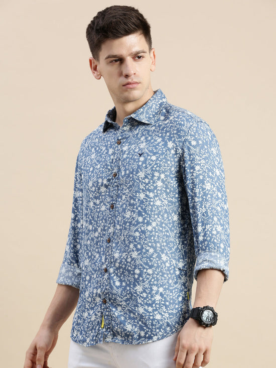 Men Spread Collar Printed Blue Shirt-Samprinteddenim-5182-Blue