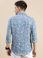 Men Spread Collar Printed Blue Shirt-Samprinteddenim-5182-Blue