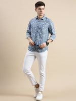 Men Spread Collar Printed Blue Shirt-Samprinteddenim-5182-Blue