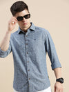 Men Spread Collar Printed Blue Shirt-Samprinteddenim-5183-Blue