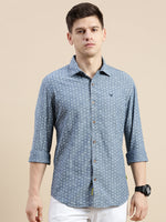 Men Spread Collar Printed Blue Shirt-Samprinteddenim-5183-Blue