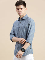 Men Spread Collar Printed Blue Shirt-Samprinteddenim-5183-Blue