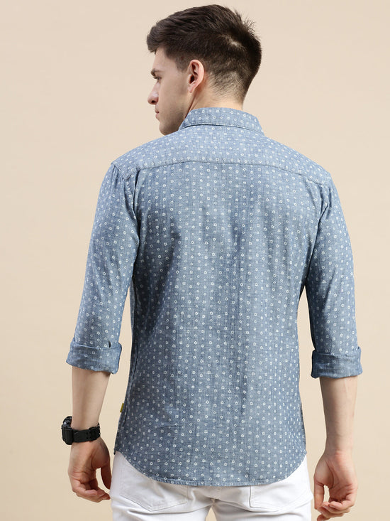 Men Spread Collar Printed Blue Shirt-Samprinteddenim-5183-Blue