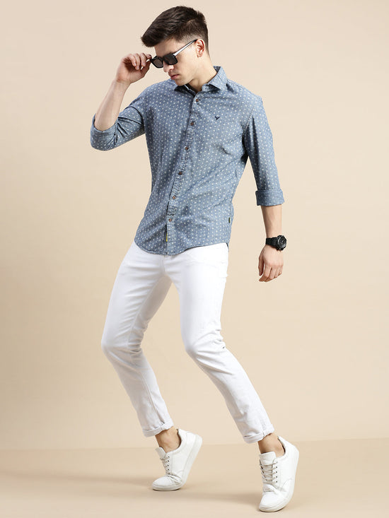 Men Spread Collar Printed Blue Shirt-Samprinteddenim-5183-Blue