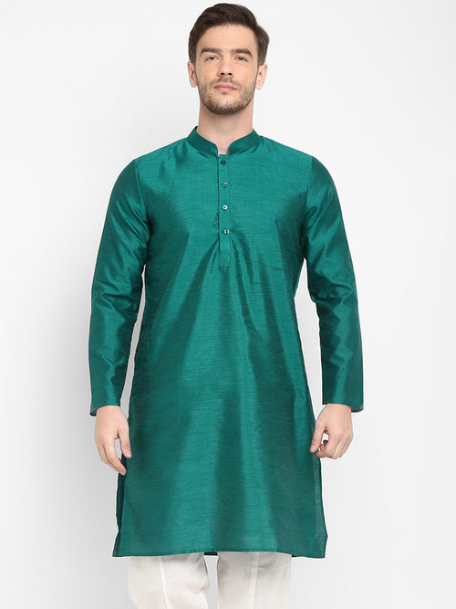 Hangup Men Standard Solid Men's Indian Wear-SeaGreen_Dupion_LongKurta